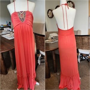 Beaded Coral Maxi Dress Size Large S twelve